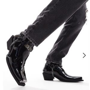 ASOS DESIGN cuban heeled boots in black faux leather with chain detailing sz 9